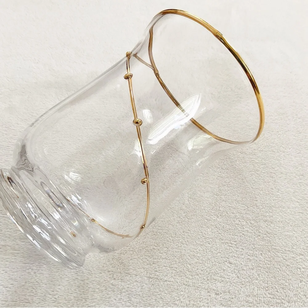 Vintage Pier 1 Clear Blown Glass Vase Gold Rim Spiral Swirl Accent 6”